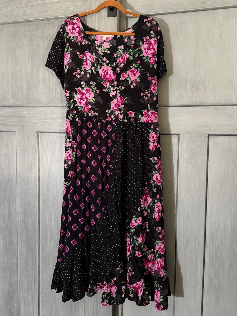 Woman Within 26W Black Pink Floral Patchwork Midi Dress Plus Size Button Front
